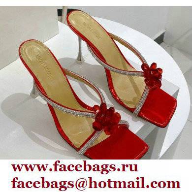 Mach & Mach Heel 9.5cm Crystal and Rose Flower Mules Red 2022 - Click Image to Close